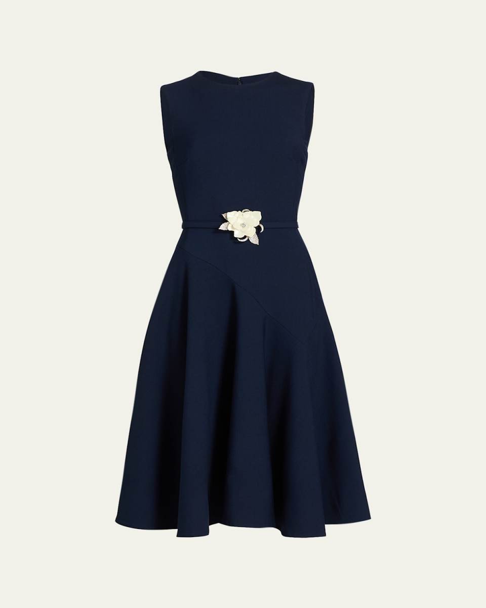 Sleeveless Crystal Belted Stretch Wool Midi Dress